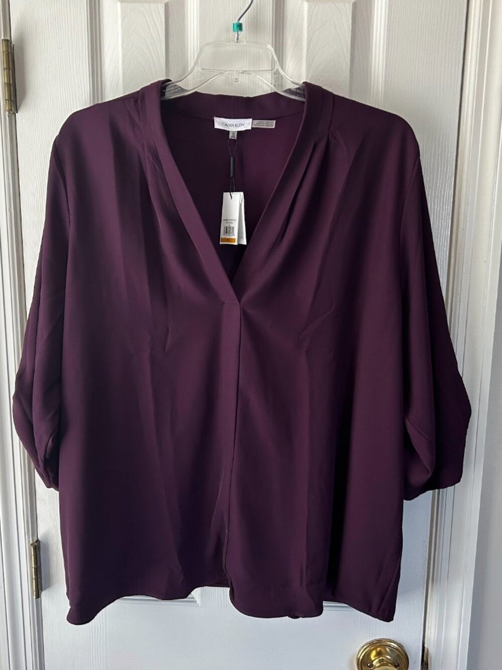 NWT Calvin Klein Modern Essentials Blouse 3X Burgundy Plum Wine Roll Tab Sleeve - Picture 5 of 5